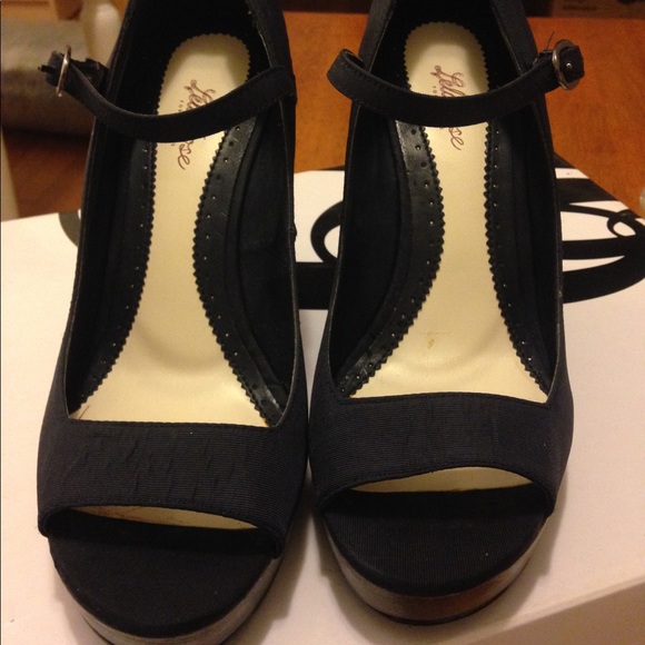 Navy Blue Peep Toe Wedges - Picture 2 of 4
